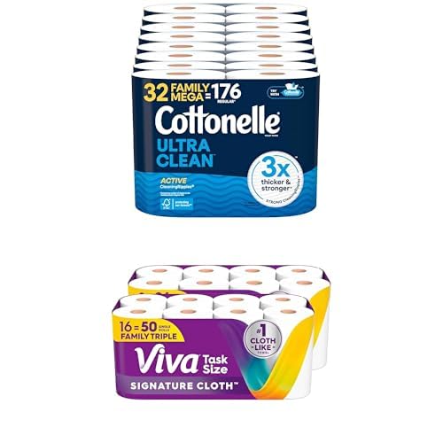 Cottonelle Ultra Clean Toilet Paper 32 Family Mega Rolls and Viva Signature Cloth Paper Towels 16 Family Triple Rolls K34031