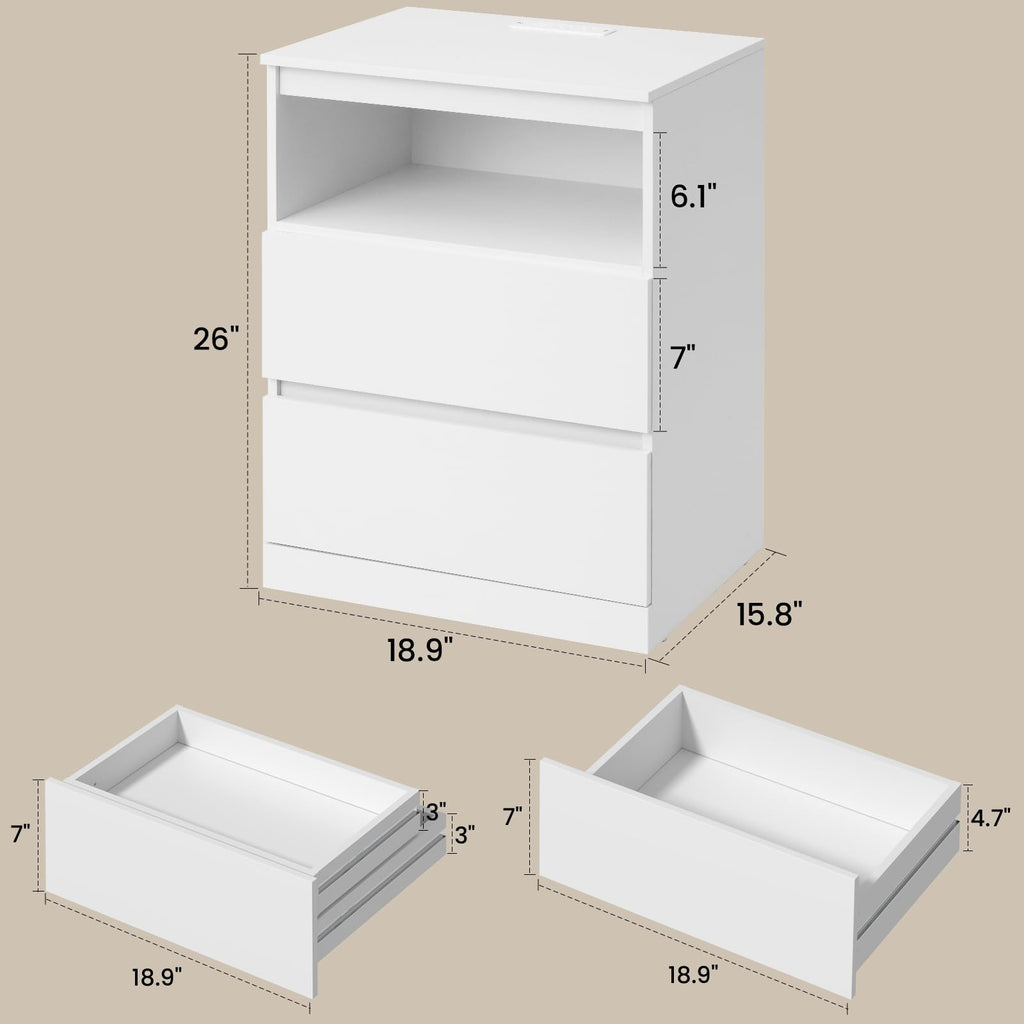 White Nightstand with Charging Station and Hidden Drawer Q583
