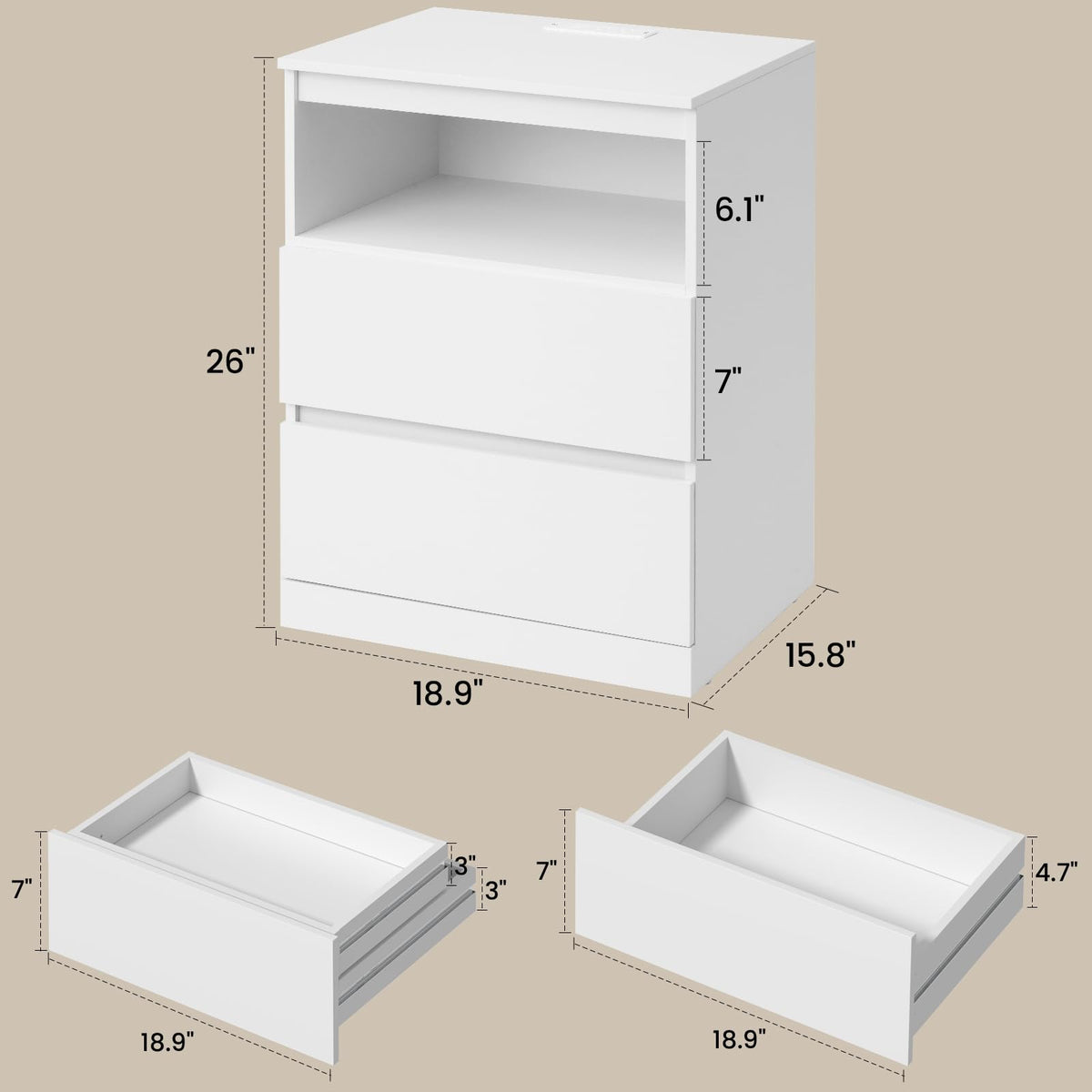 White Nightstand with Charging Station and Hidden Drawer Q583