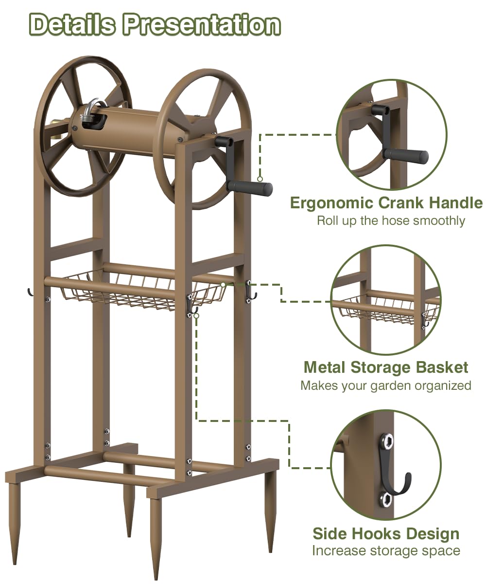 Freestanding 125ft Metal Hose Reel with 4 Hooks Y2014