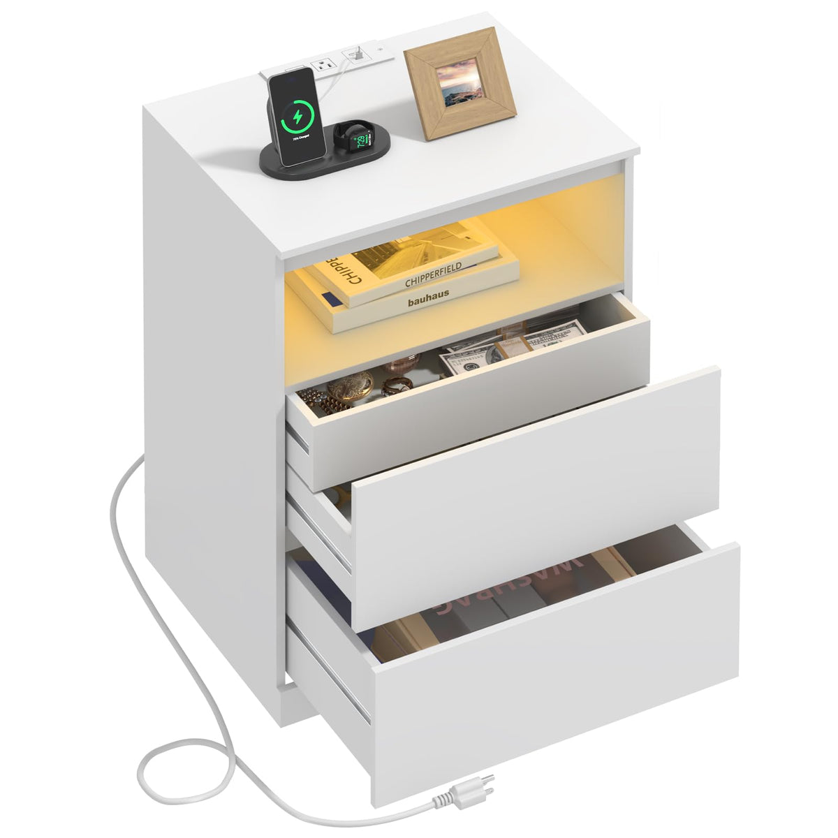 White Nightstand with Charging Station and Hidden Drawer Q583