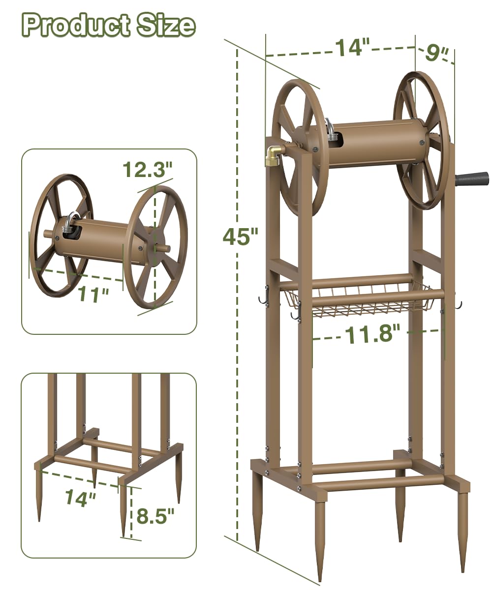 Freestanding 125ft Metal Hose Reel with 4 Hooks Y2014
