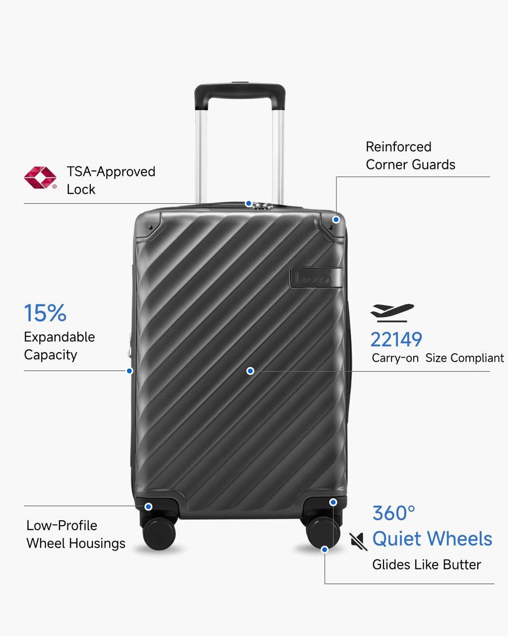 20 Inch Carry On Luggage 22x14x9 Charcoal Metallic H206769