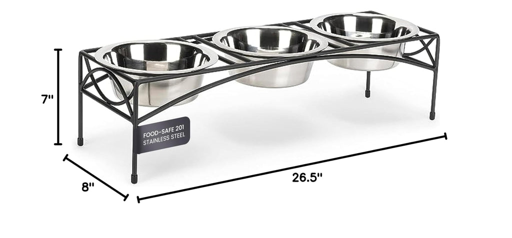 Black Triple Bowl Dog and Cat Feeder Stand with 3-2 Qt Stainless Bowls P557