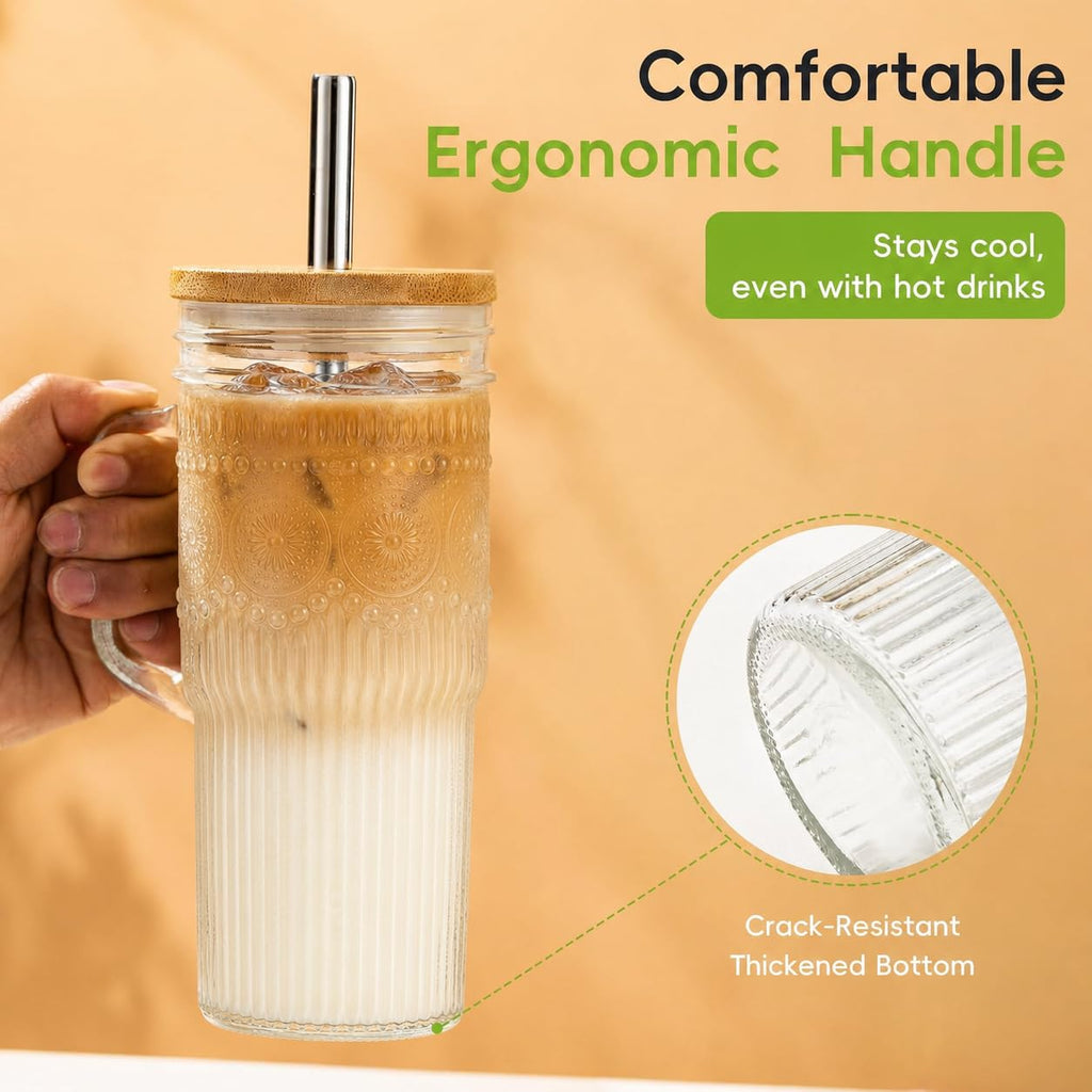 24 oz Glass Tumbler with Bamboo Lid and Handle R752