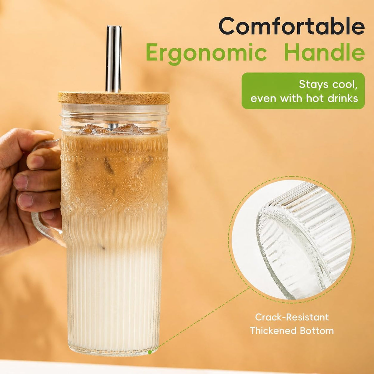 24 oz Glass Tumbler with Bamboo Lid and Handle R752