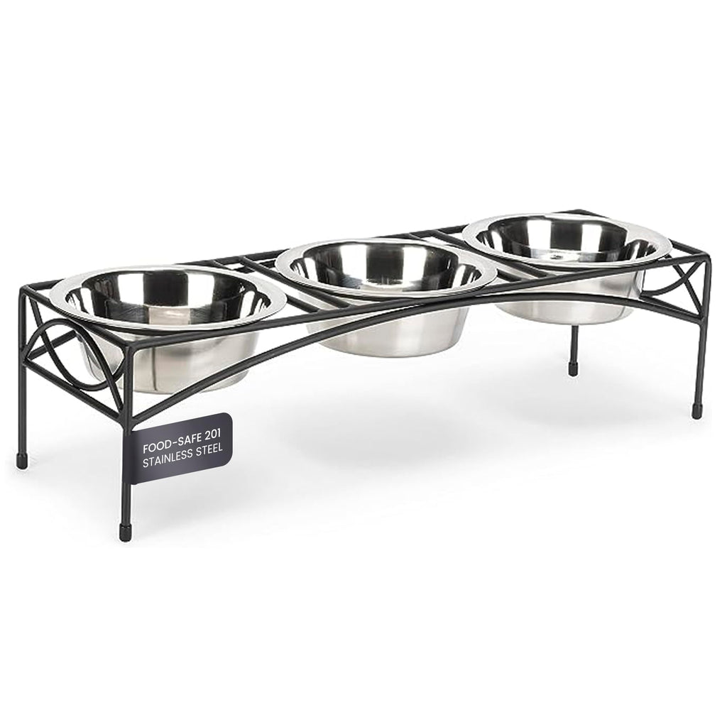 Black Triple Bowl Dog and Cat Feeder Stand with 3-2 Qt Stainless Bowls P557