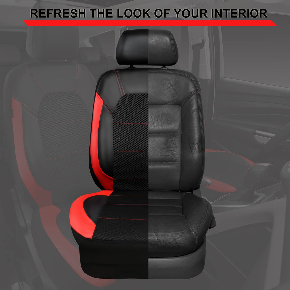Universal Leather Car Seat Covers Full Set Black Red T290741