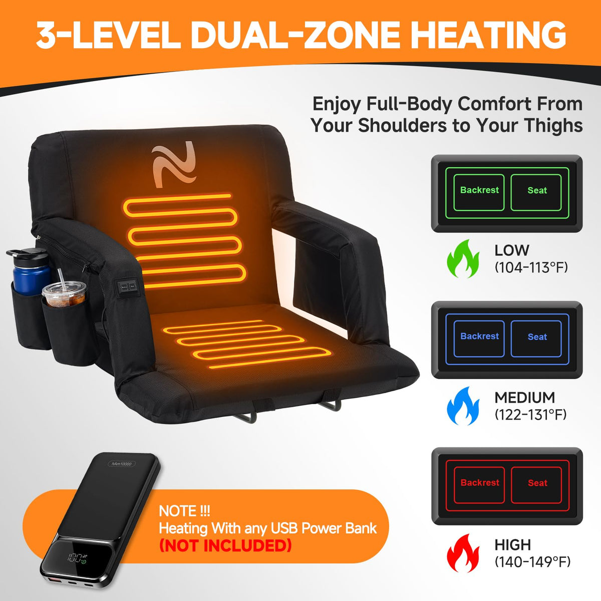 Wide Heated Stadium Seat with Back Support & Cushion Q8975