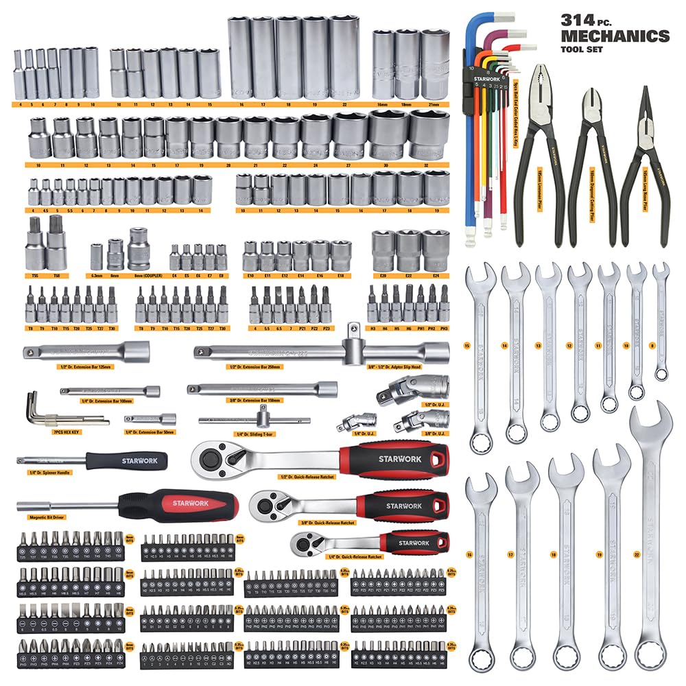 314-Piece Mechanics Tool Set and Socket Set, 1/4", 3/8", 1/2" Drive, Metric S70789