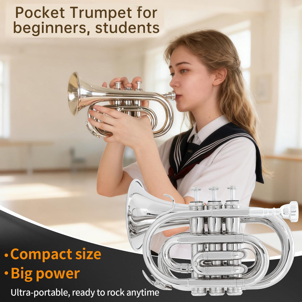 Bb Portable Pocket Trumpet with Case, 7C Mouthpiece and Cleaning Kit N914