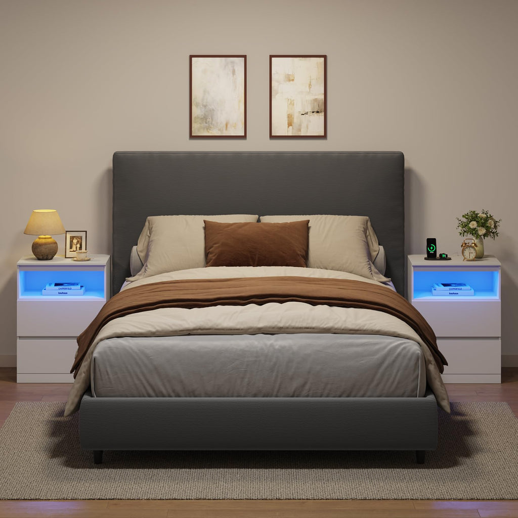 White Nightstand with Charging Station and Hidden Drawer Q583