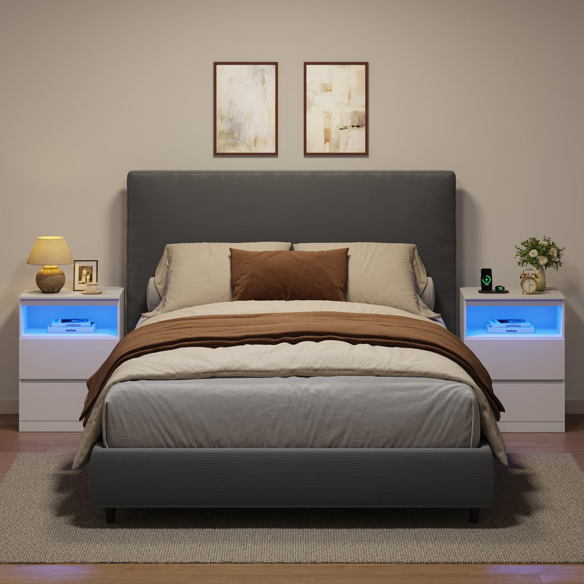 White Nightstand with Charging Station and Hidden Drawer Q583