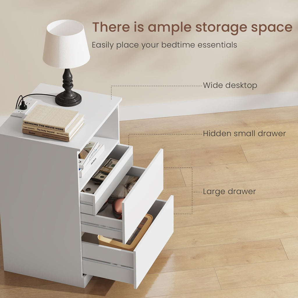 White Nightstand with Charging Station and Hidden Drawer Q583