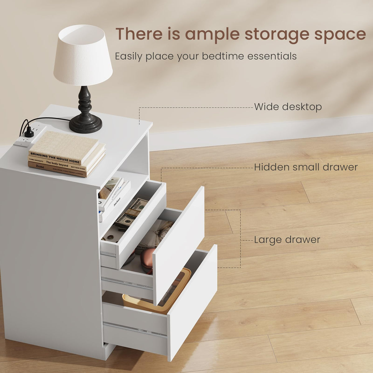White Nightstand with Charging Station and Hidden Drawer Q583