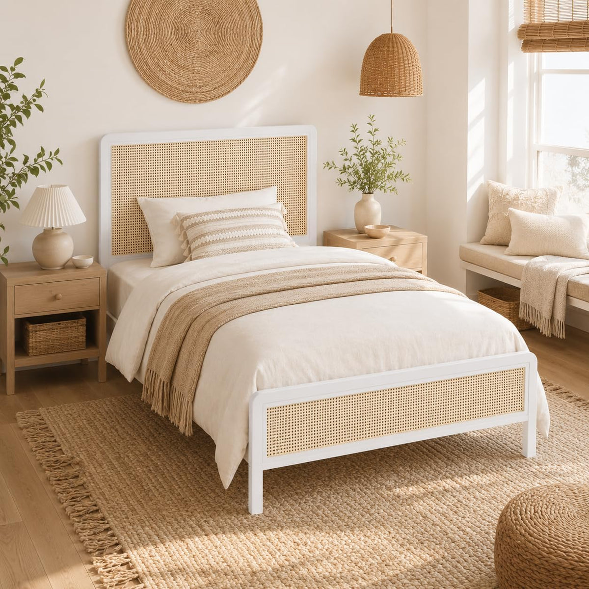 White Rattan Twin Bed Frame with Headboard U43292