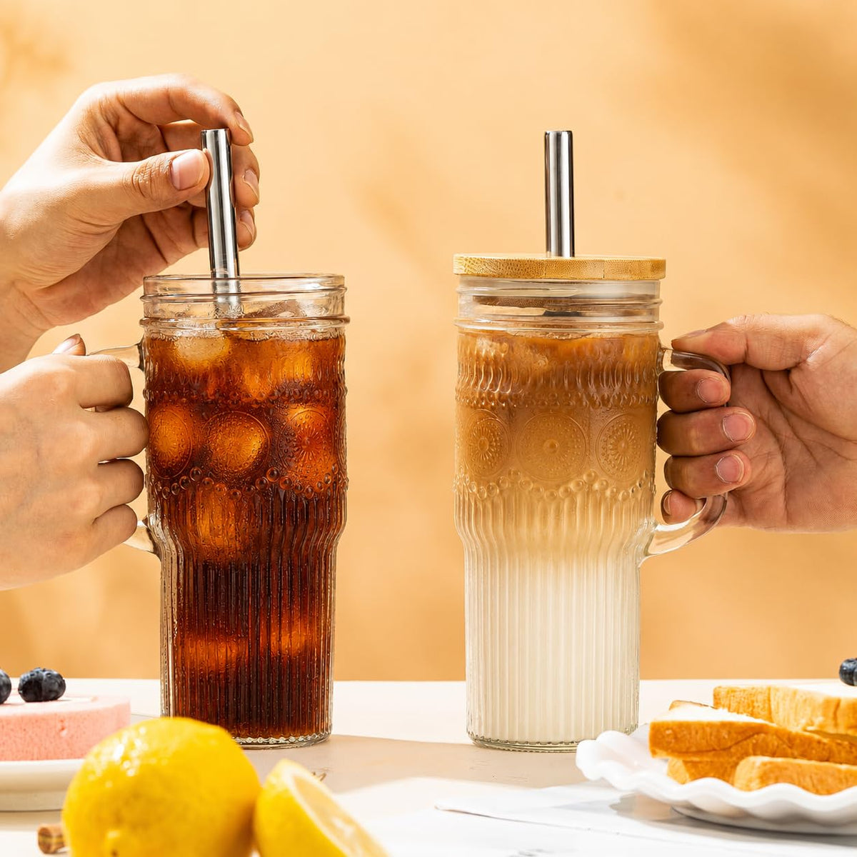 24 oz Glass Tumbler with Bamboo Lid and Handle R752