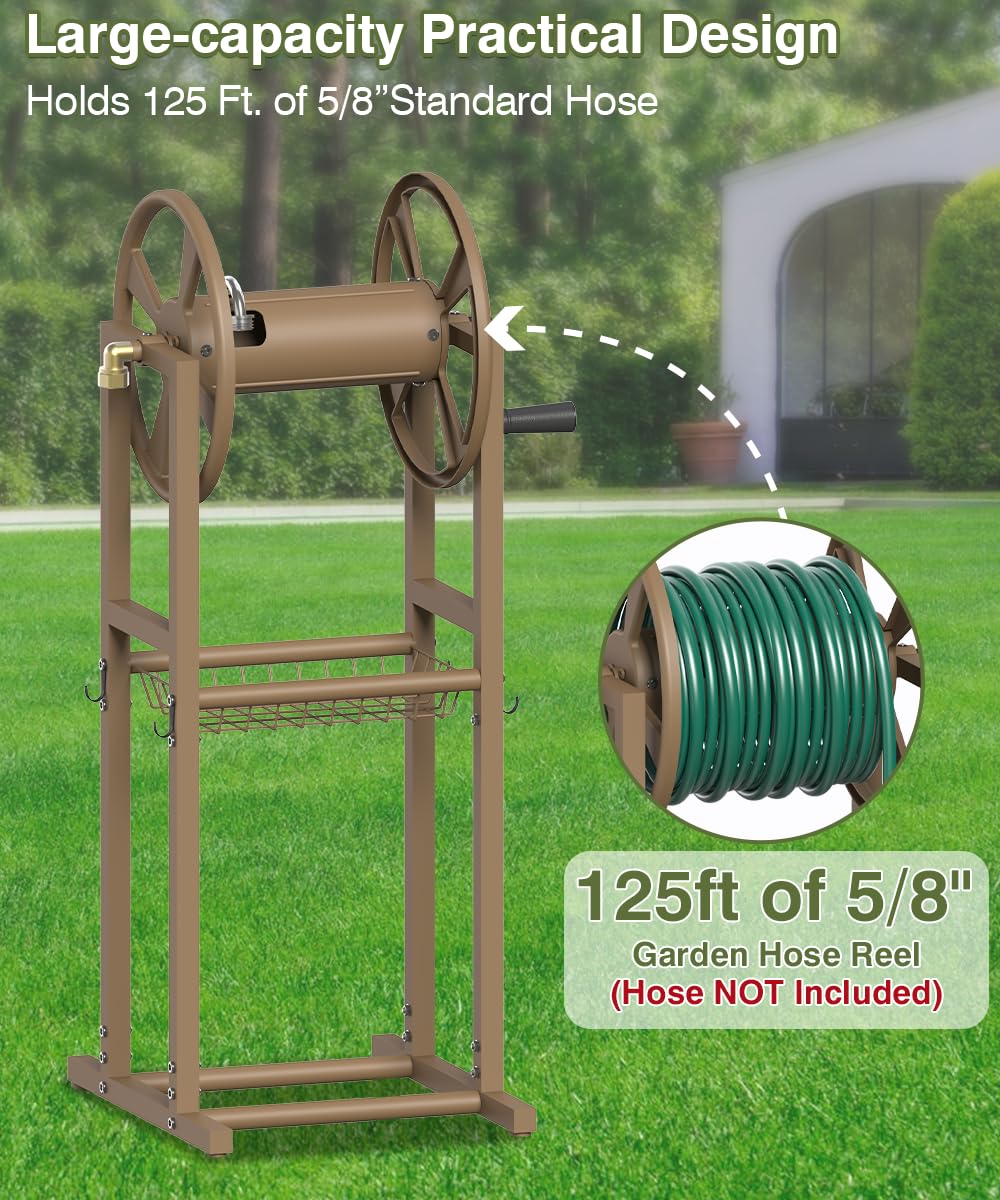 Freestanding 125ft Metal Hose Reel with 4 Hooks Y2014