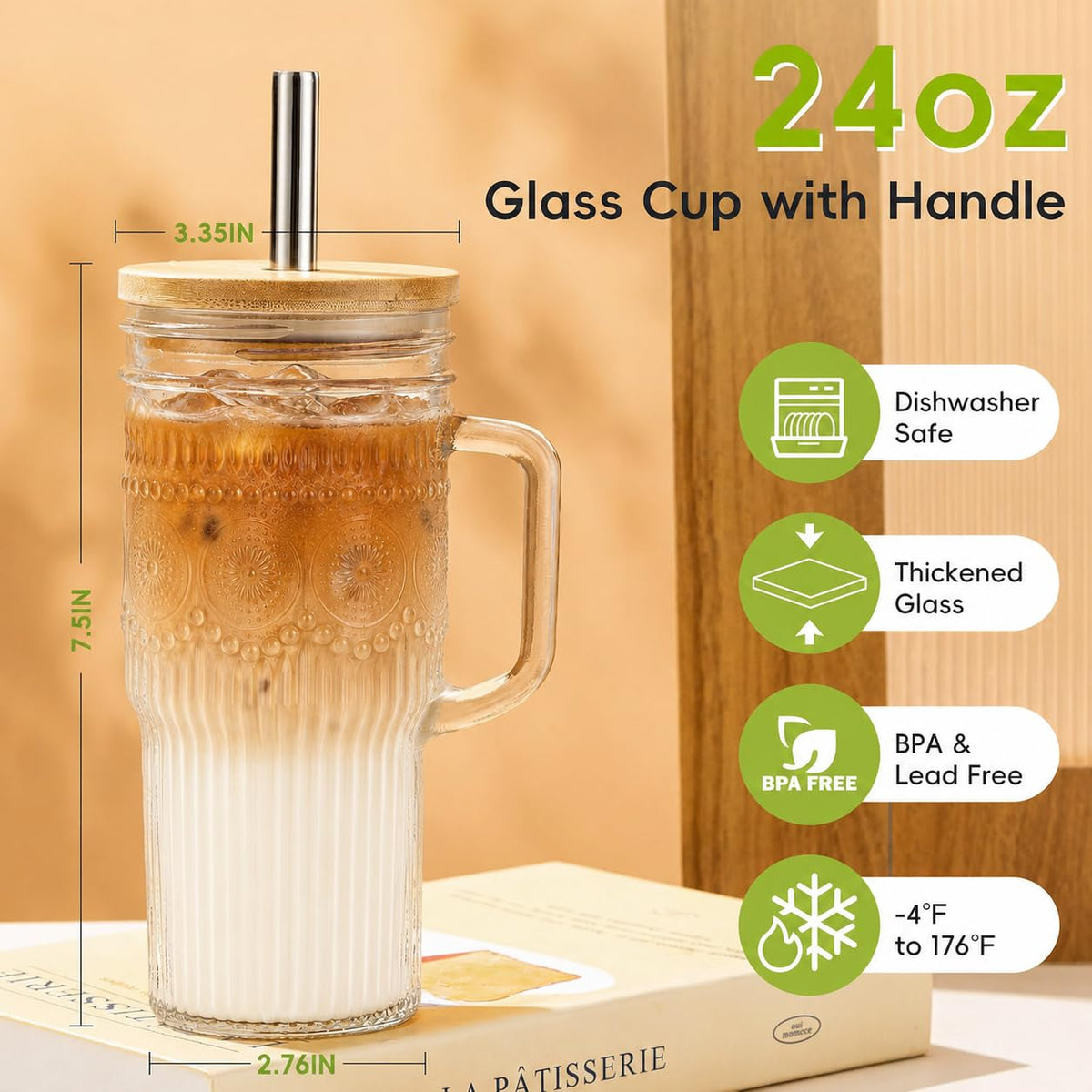 24 oz Glass Tumbler with Bamboo Lid and Handle R752