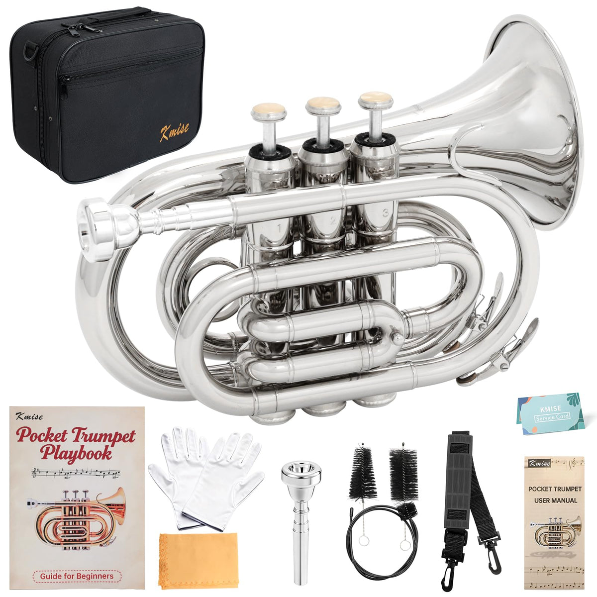 Bb Portable Pocket Trumpet with Case, 7C Mouthpiece and Cleaning Kit N914