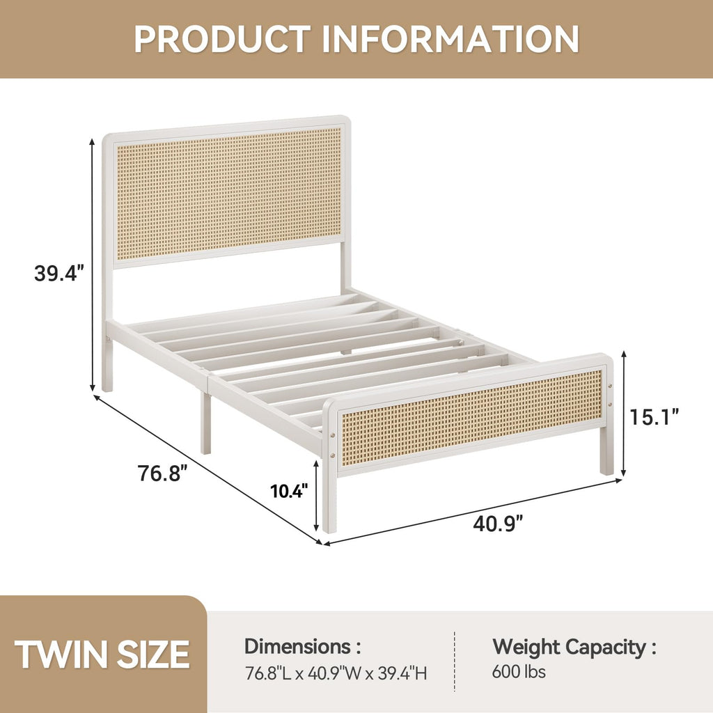 White Rattan Twin Bed Frame with Headboard U43292
