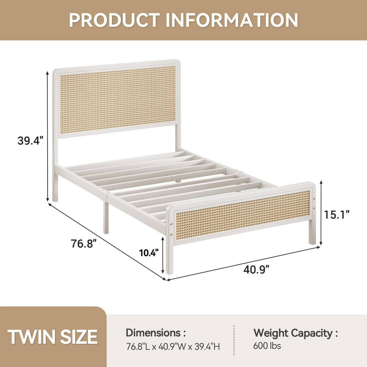 White Rattan Twin Bed Frame with Headboard U43292