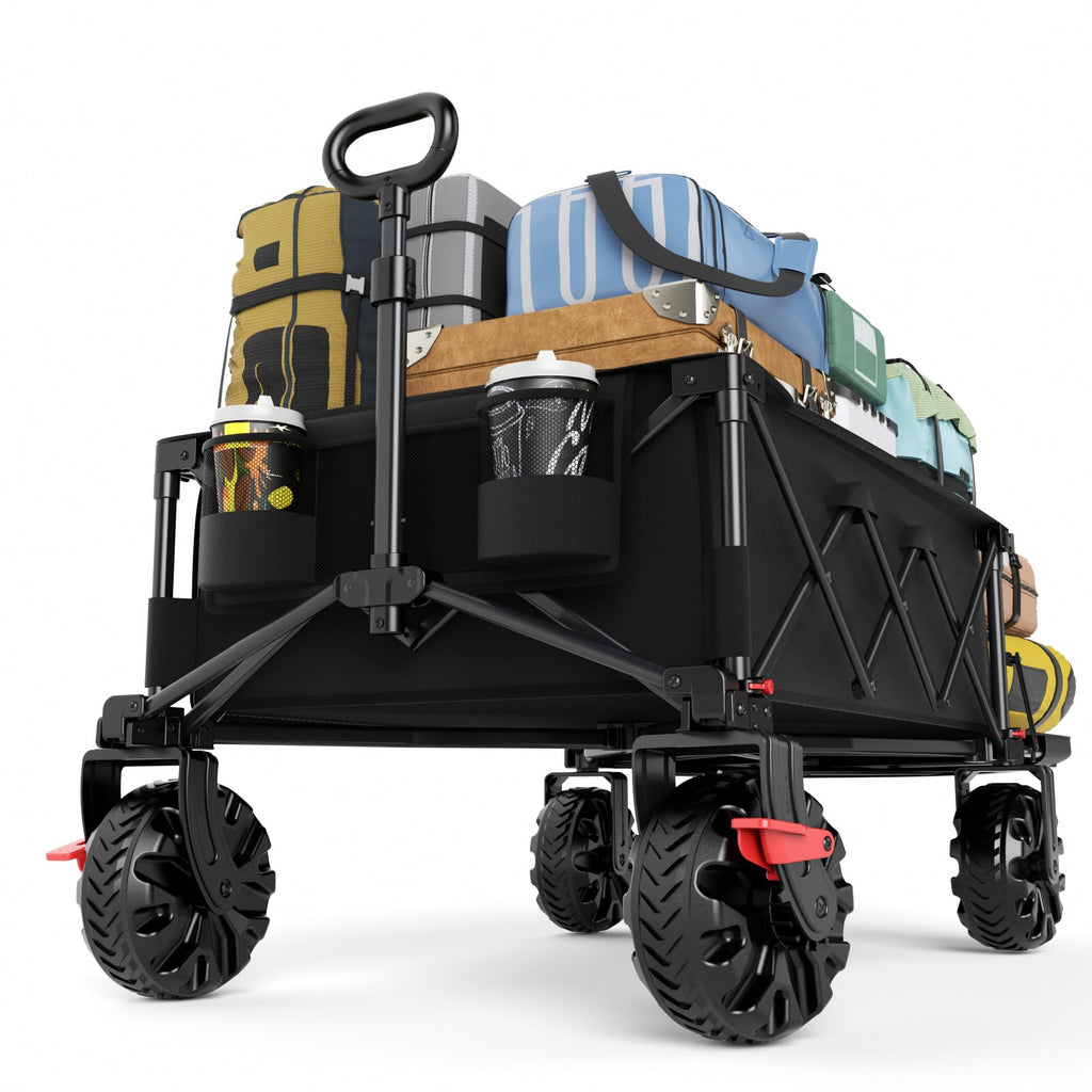 26" Extra Wide All Terrain Folding Wagon with Big Wheels, Cargo Net & Tailgate, 400lbs Heavy Duty Collapsible Cart, Black A135158