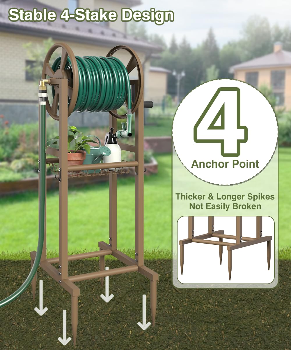 Freestanding 125ft Metal Hose Reel with 4 Hooks Y2014