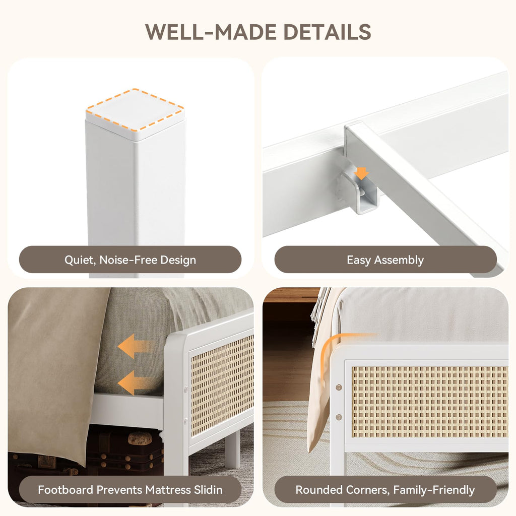 White Rattan Twin Bed Frame with Headboard U43292
