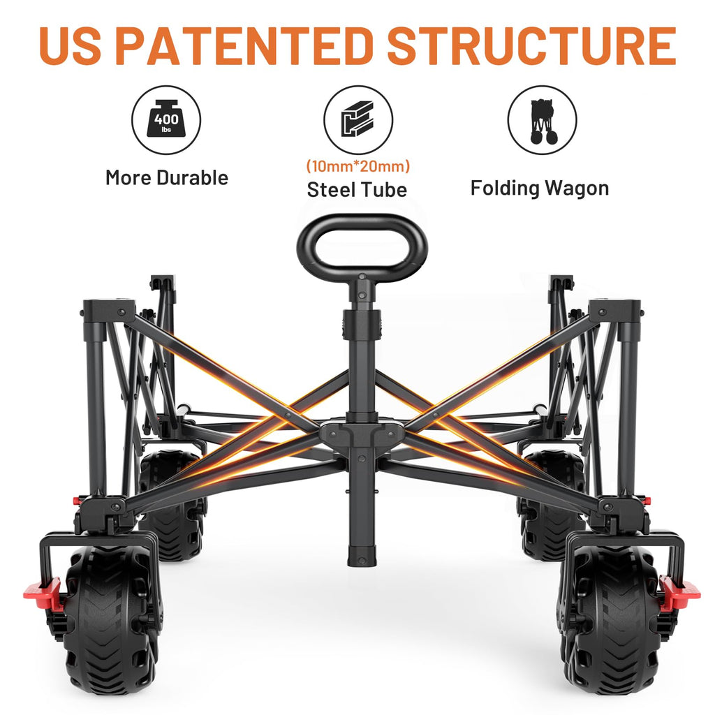 26" Extra Wide All Terrain Folding Wagon with Big Wheels, Cargo Net & Tailgate, 400lbs Heavy Duty Collapsible Cart, Black A135158