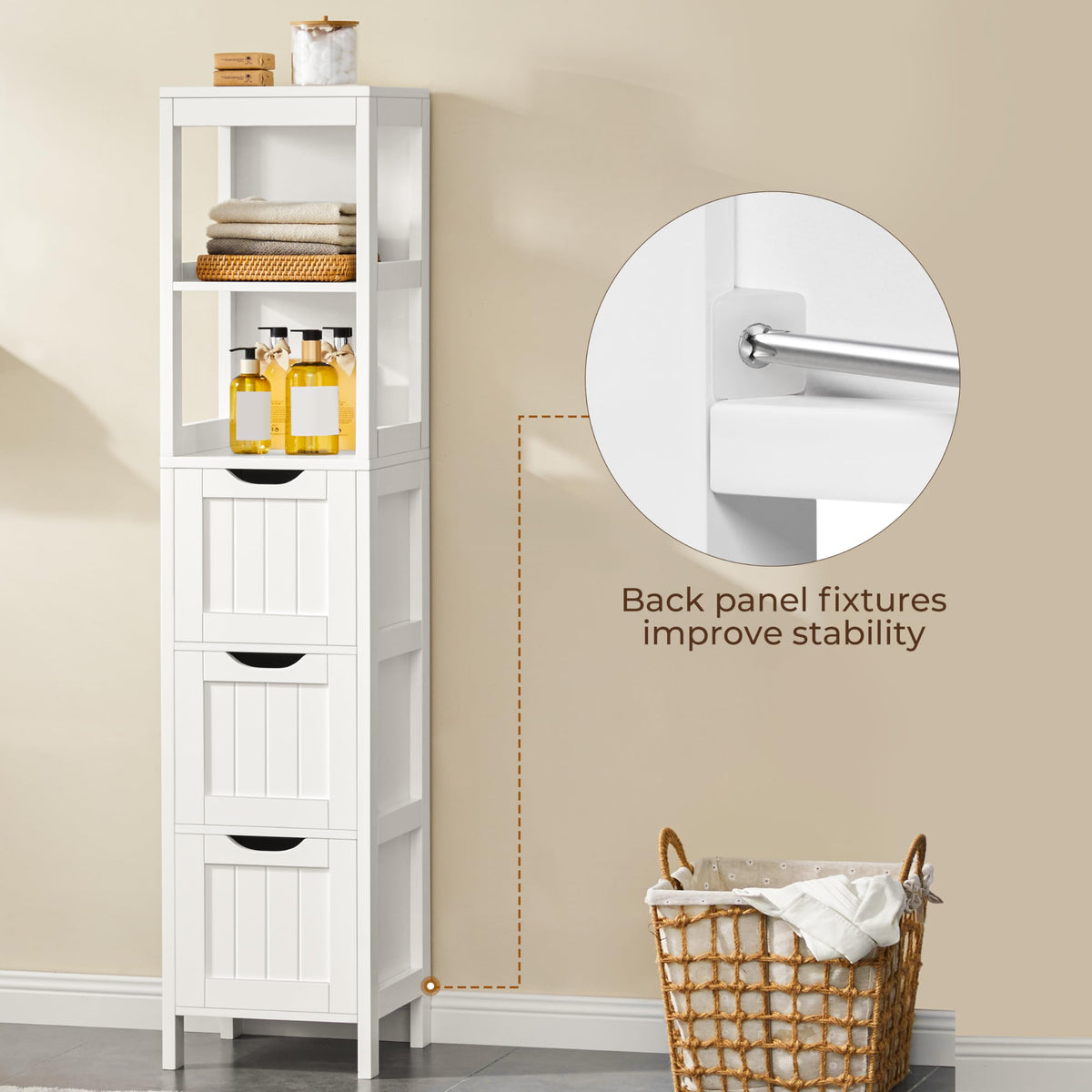 56" Tall Narrow White Bathroom Storage Cabinet with 3 Drawers Z394551