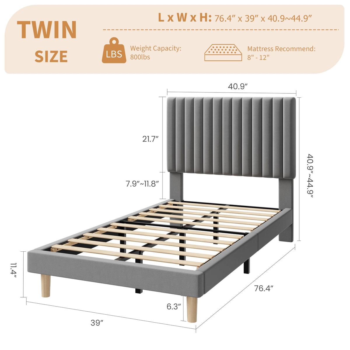 Twin Velvet Upholstered Platform Bed with Adjustable Headboard Y61057