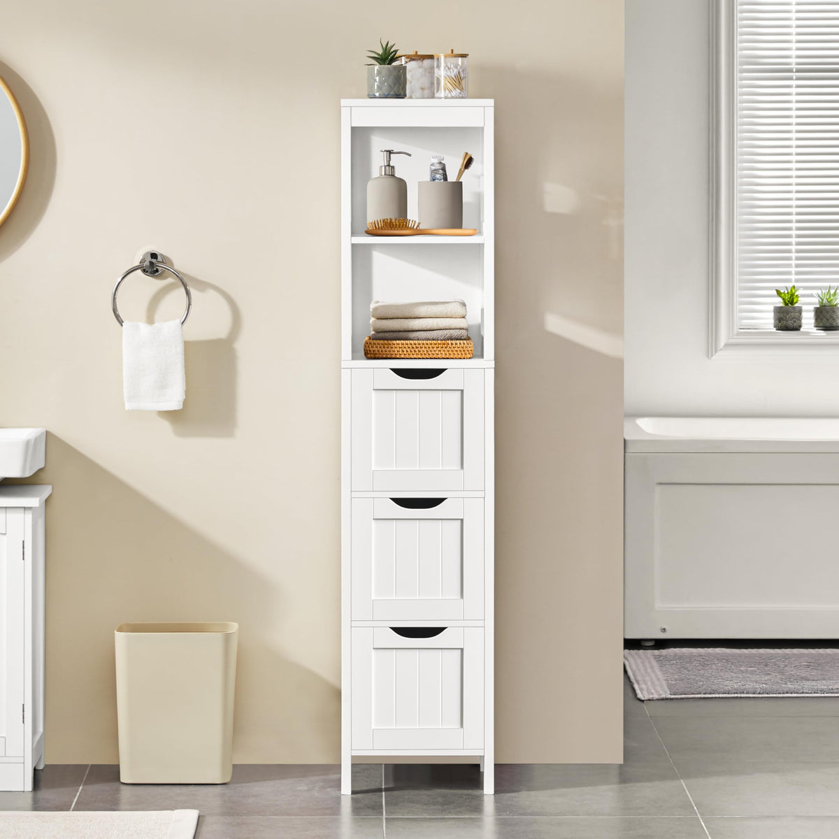 56" Tall Narrow White Bathroom Storage Cabinet with 3 Drawers Z394551