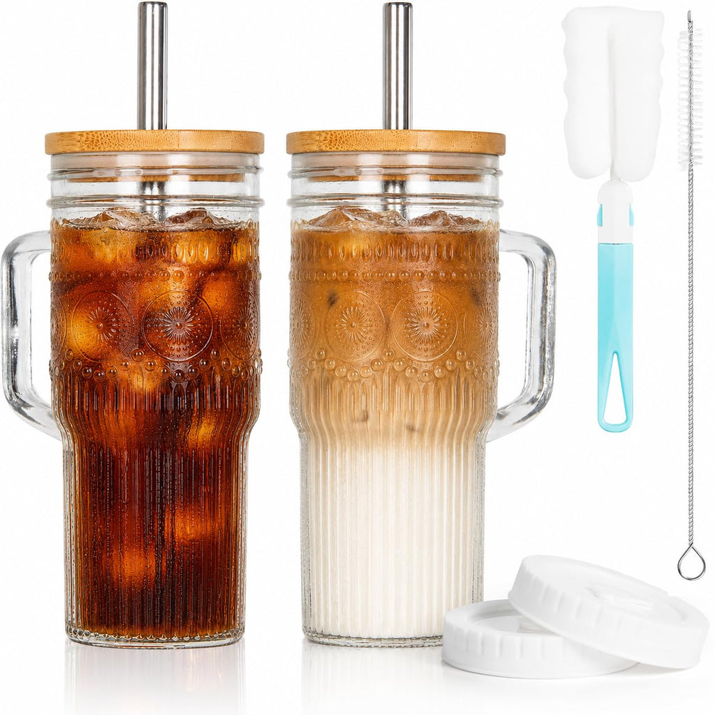 24 oz Glass Tumbler with Bamboo Lid and Handle R752