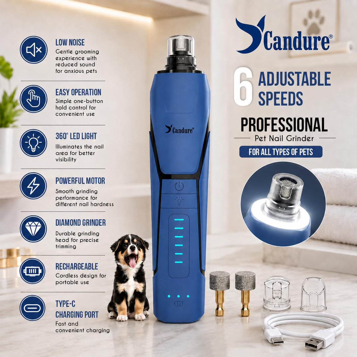 Quiet Rechargeable Dog Nail Grinder with LED Light D73606