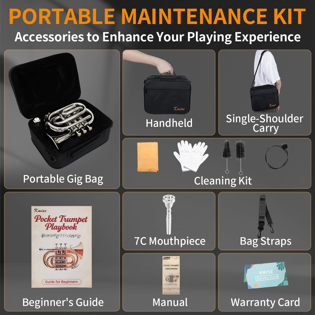Bb Portable Pocket Trumpet with Case, 7C Mouthpiece and Cleaning Kit N914