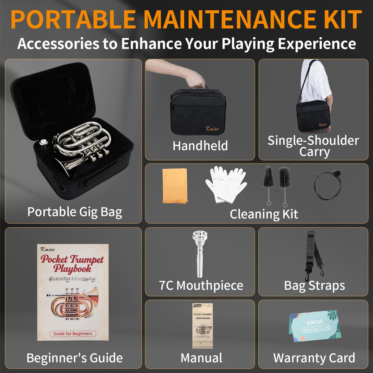 Bb Portable Pocket Trumpet with Case, 7C Mouthpiece and Cleaning Kit N914