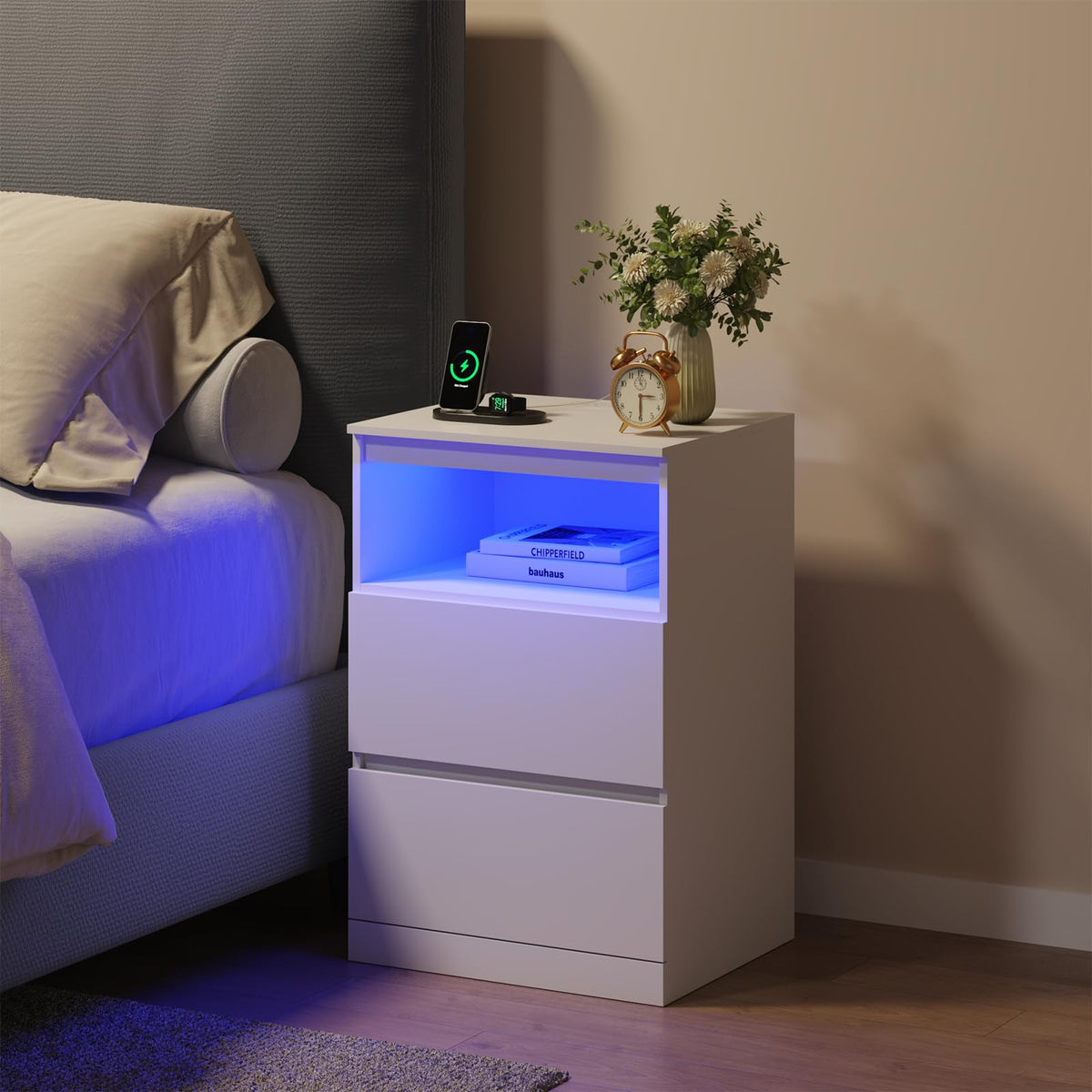 White Nightstand with Charging Station and Hidden Drawer Q583