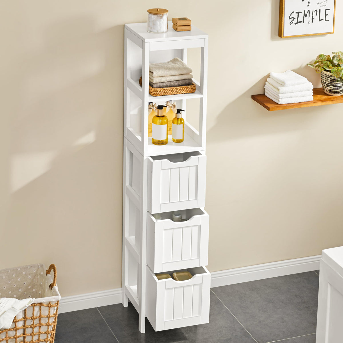 56" Tall Narrow White Bathroom Storage Cabinet with 3 Drawers Z394551