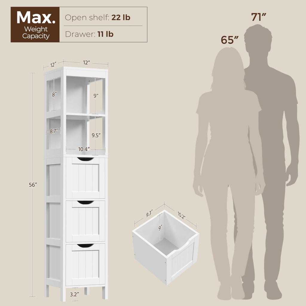 56" Tall Narrow White Bathroom Storage Cabinet with 3 Drawers Z394551