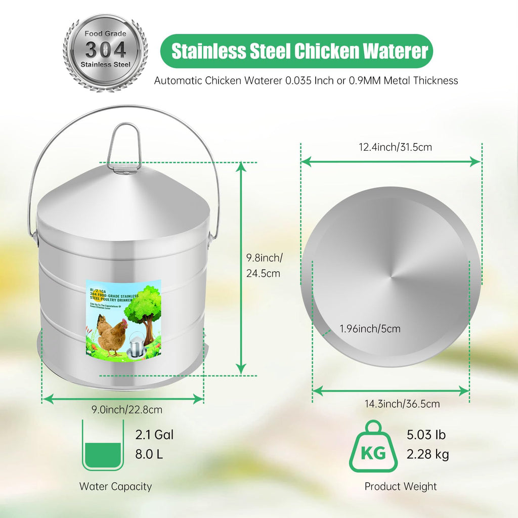 304 Food Grade Stainless Steel Automatic Chicken Waterer 8L/2.1Gal X8280