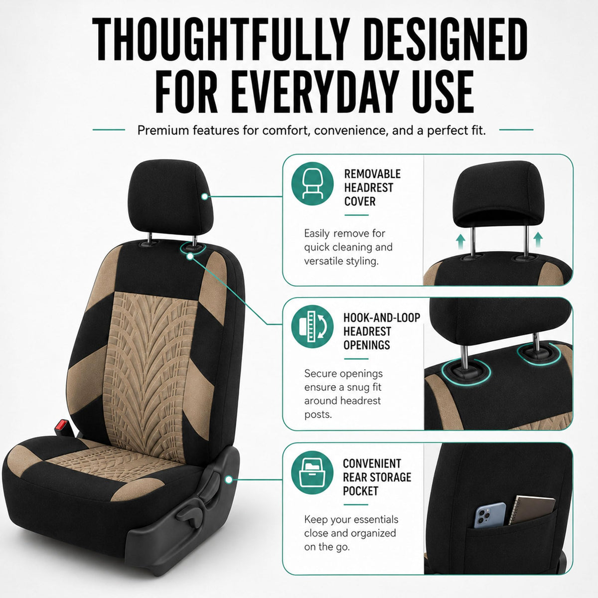 Beige Cloth Car Seat Covers Full Set F65474