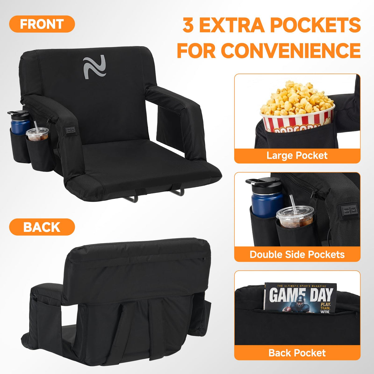 Wide Heated Stadium Seat with Back Support & Cushion Q8975