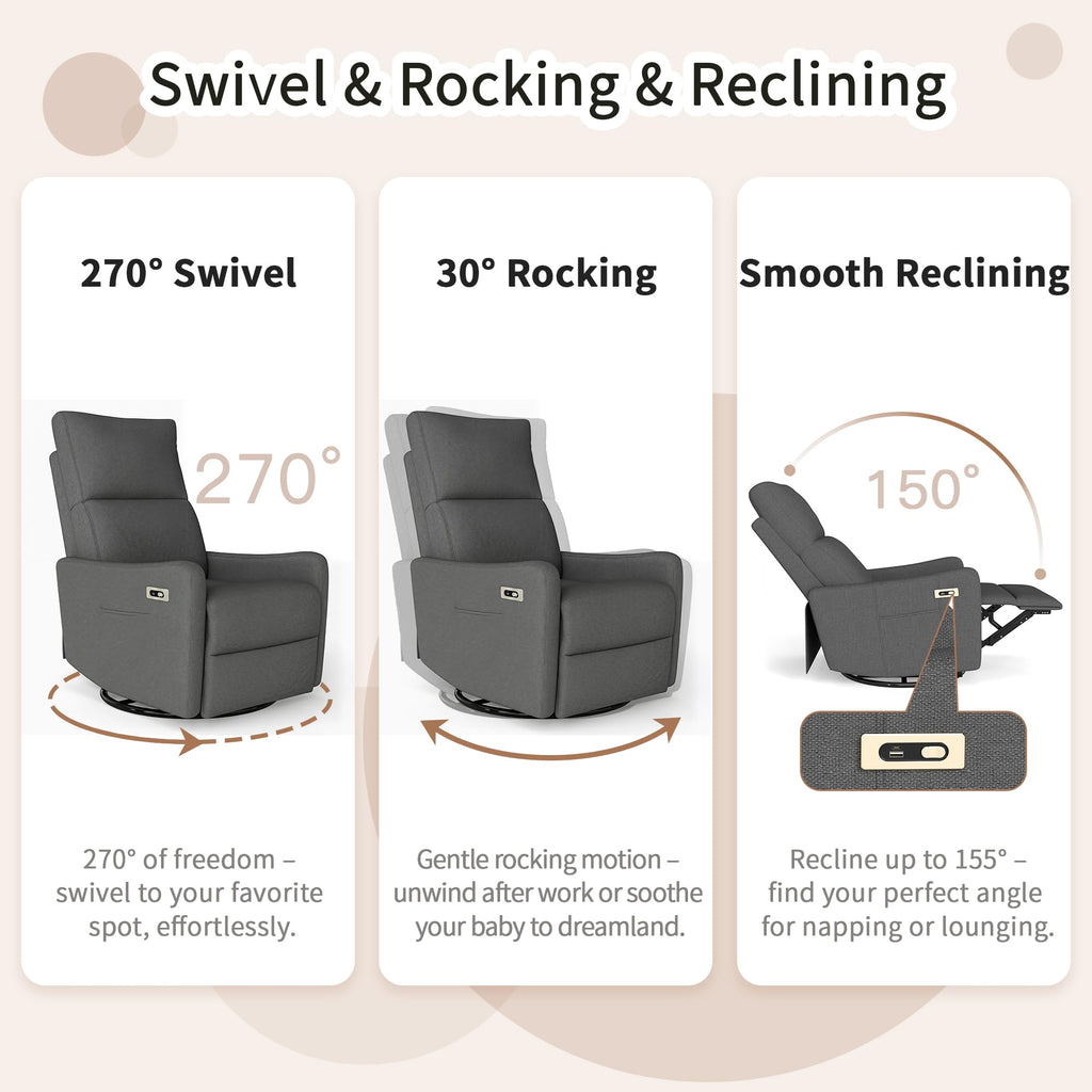 Light Brown Rubberwood Dark Gray Velvet Swivel Rocker Recliner Chair O6949