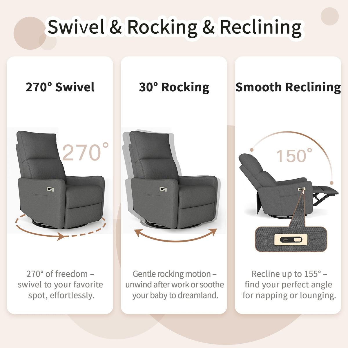 Light Brown Rubberwood Dark Gray Velvet Swivel Rocker Recliner Chair O6949
