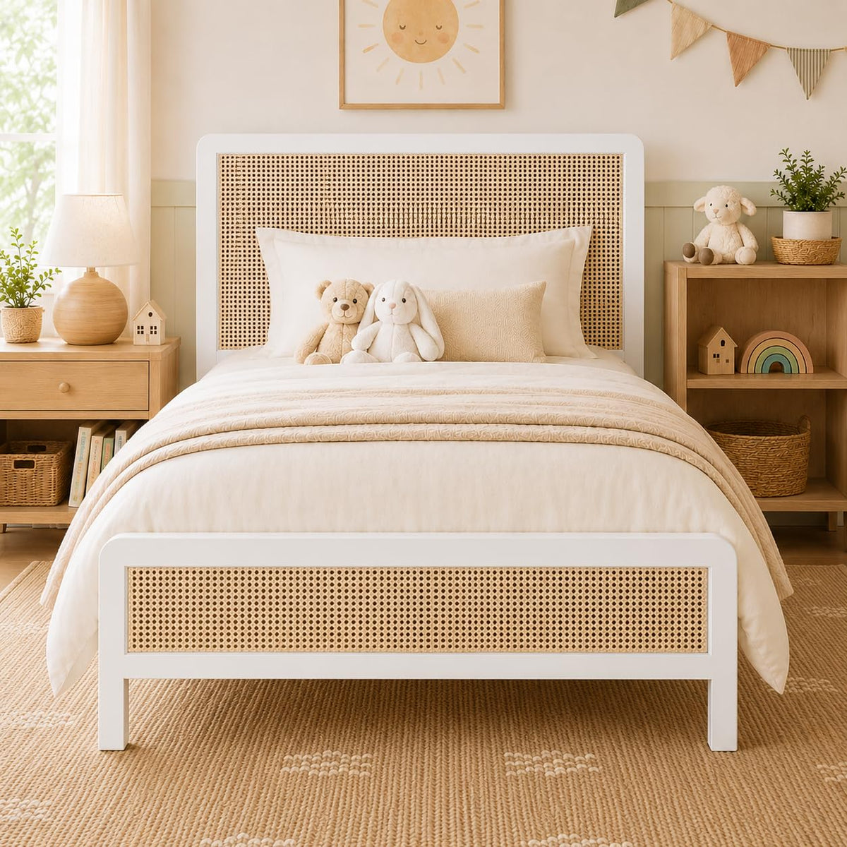 White Rattan Twin Bed Frame with Headboard U43292