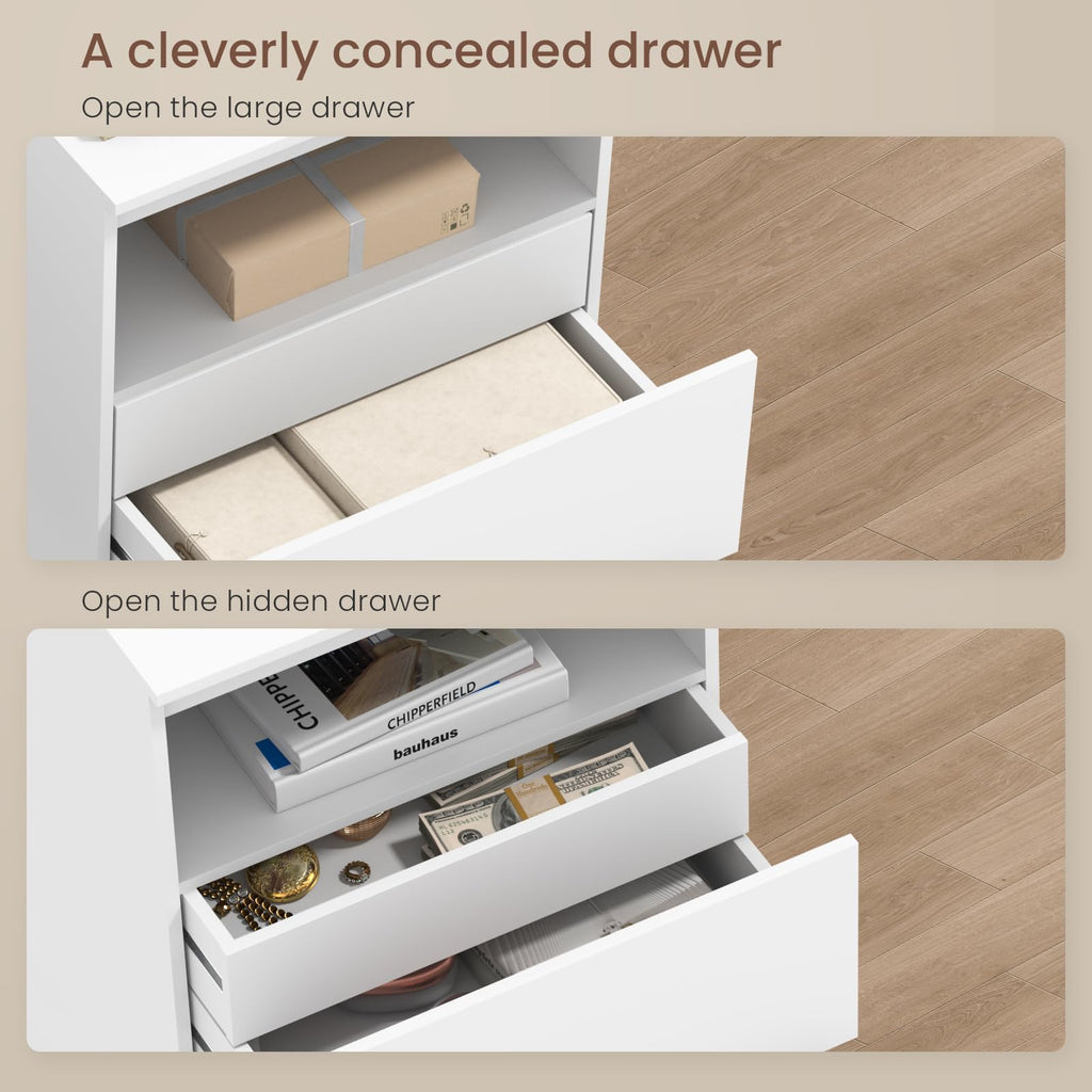 White Nightstand with Charging Station and Hidden Drawer Q583