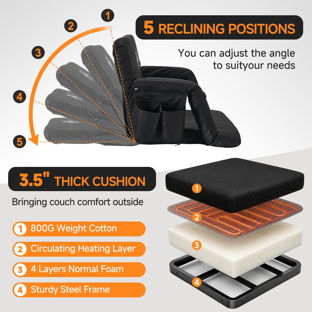 Wide Heated Stadium Seat with Back Support & Cushion Q8975