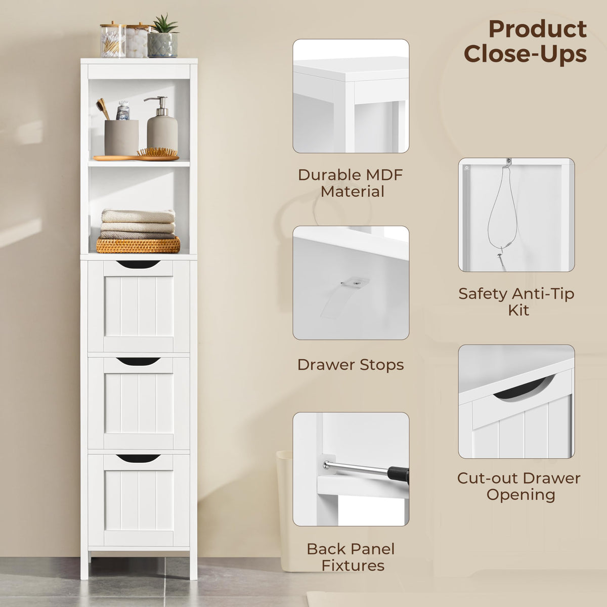 56" Tall Narrow White Bathroom Storage Cabinet with 3 Drawers Z394551