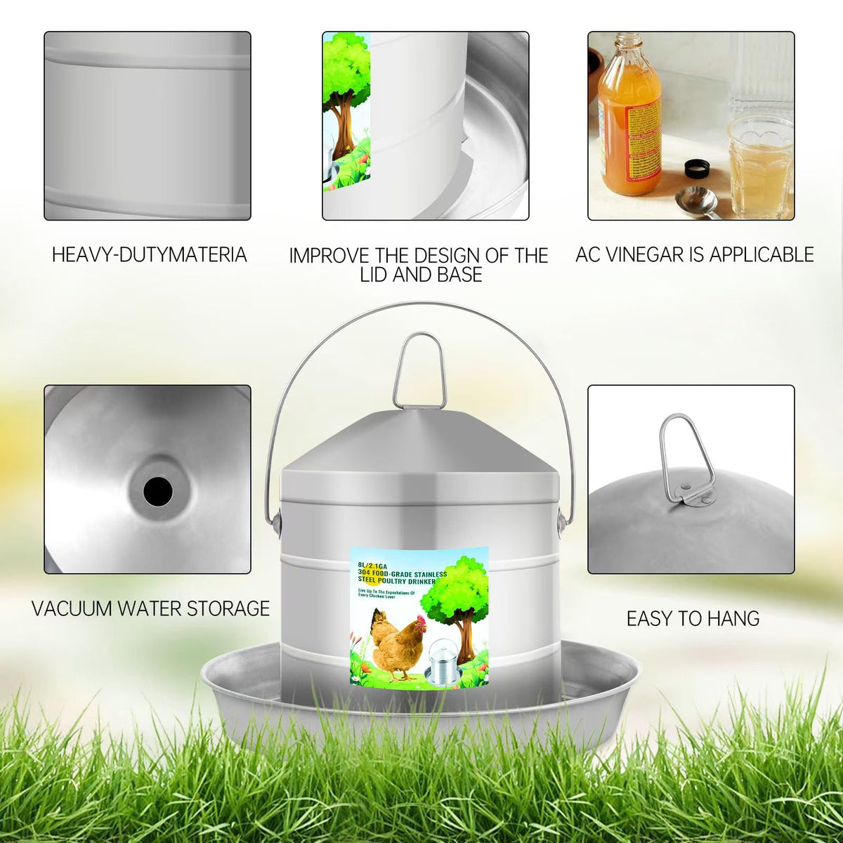 304 Food Grade Stainless Steel Automatic Chicken Waterer 8L/2.1Gal X8280